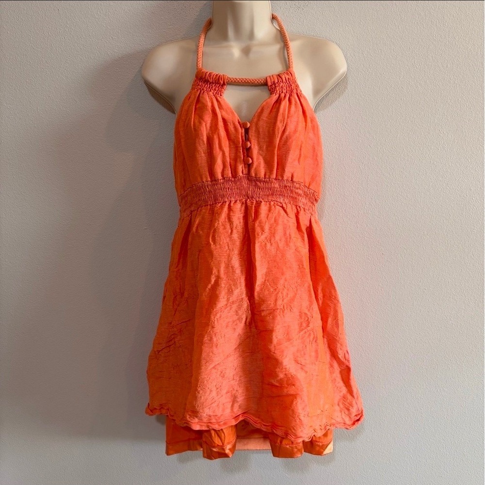 Esley Silk Linen Blend Halter Mini Dress L Coral Orange Resort Vacation Beach